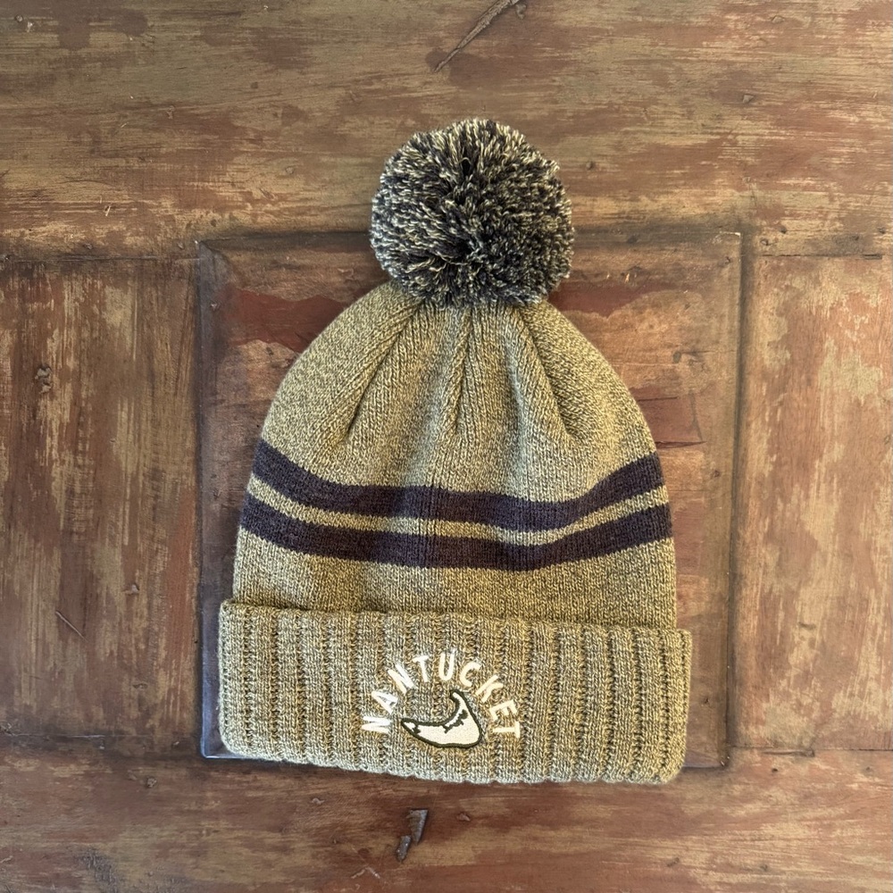 Nantucket Island logo olive green winter pom pom beanie hat unisex men‎ women OS